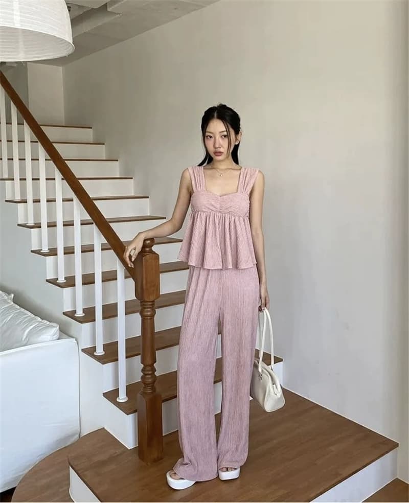 실사 2026 여름 새로운 조끼 프릴 광장 칼라 디스플레이 가슴 조끼 하이웨이스트 루즈핏 스트레이트 팬츠 투피스 세트 상세 이미지 16