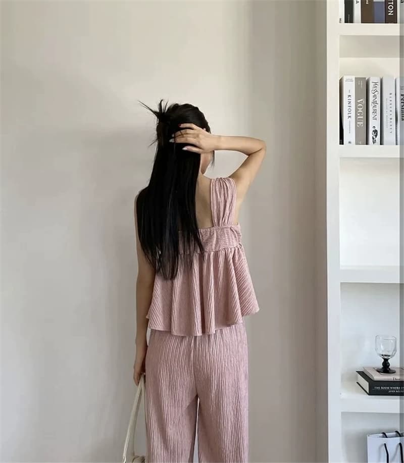 실사 2026 여름 새로운 조끼 프릴 광장 칼라 디스플레이 가슴 조끼 하이웨이스트 루즈핏 스트레이트 팬츠 투피스 세트 상세 이미지 19