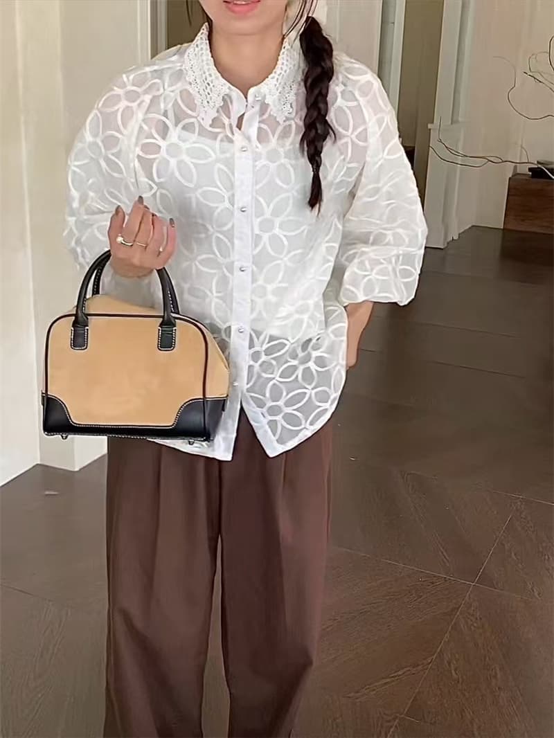 봄 여름 새로운 한 긴팔 꽃 레이스 조각 자수 패션 레이스 셔츠 셔츠 포함 투피스 조끼 상세 이미지 10
