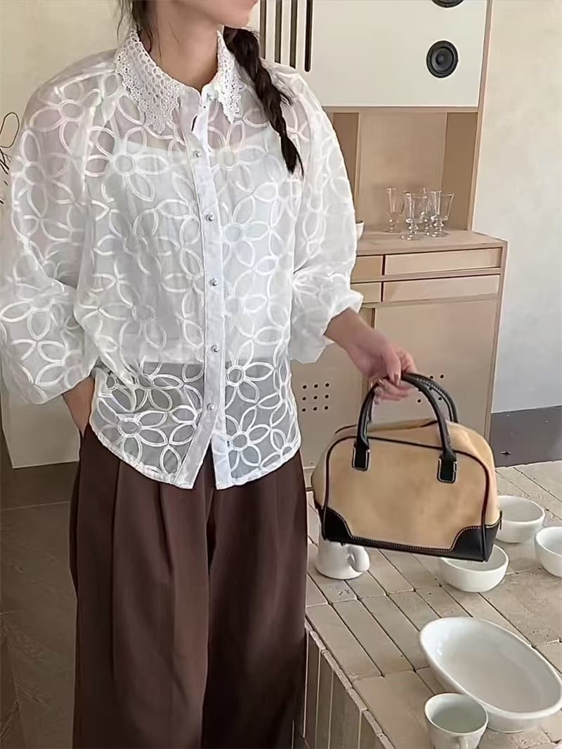 봄 여름 새로운 한 긴팔 꽃 레이스 조각 자수 패션 레이스 셔츠 셔츠 포함 투피스 조끼 상세 이미지 12
