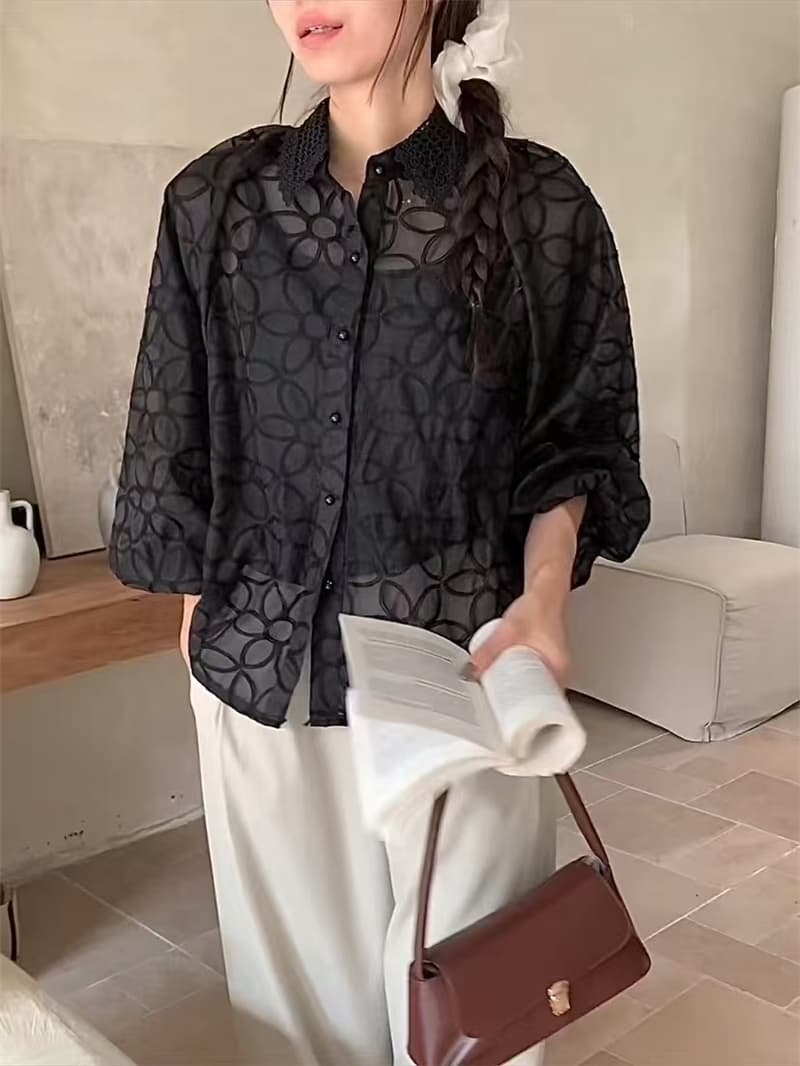 봄 여름 새로운 한 긴팔 꽃 레이스 조각 자수 패션 레이스 셔츠 셔츠 포함 투피스 조끼 상세 이미지 22