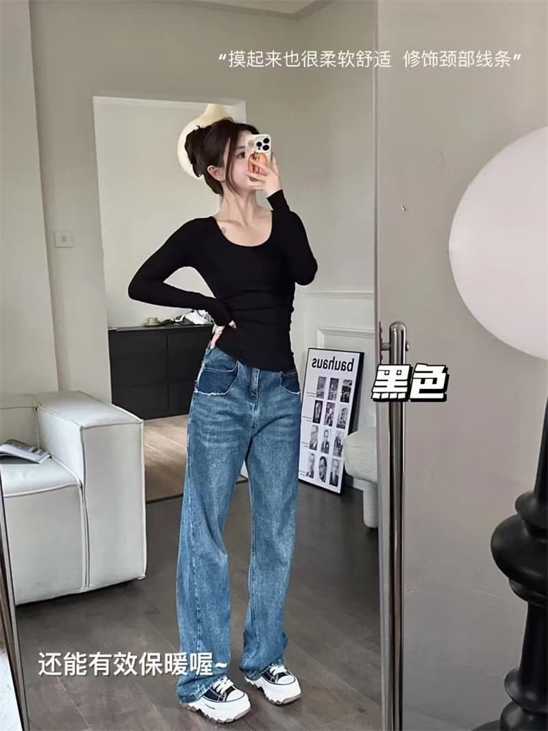 힘 공장 벨트 가슴 패드 양모 속옷 여성 봄 보온 몸매 가꾸기 인사이드 가져 가라. 만나는 맨위 라운드 넥 긴팔 티셔츠 상세 이미지 8