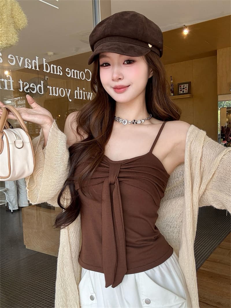 실사 아니요 인원 줄이기 면 나비 매듭 스트랩 민소매 조끼 행침 벨트 가슴 패드 하나 디자인 센스 몸매 가꾸기 맨위 상세 이미지 11