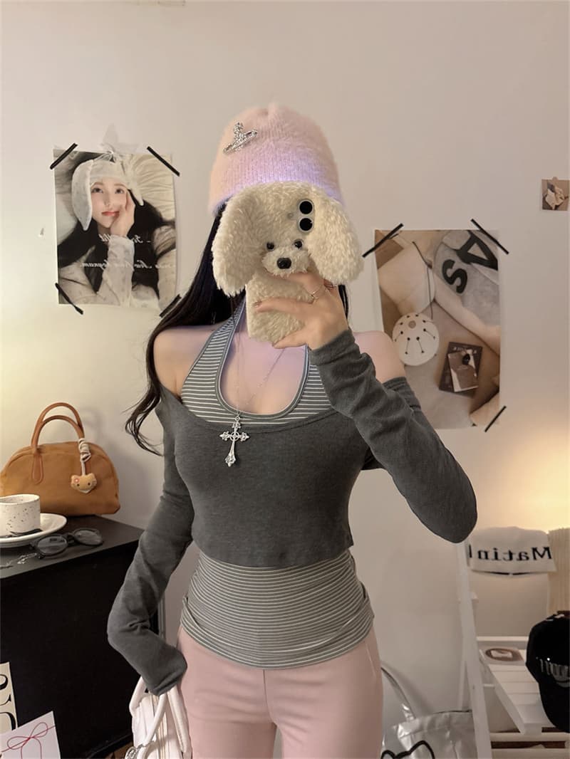 실사 감소되지 않음 사람들 면 연삭 털 보온 행침 목 스트라이프 조끼 벨트 가슴 패드 긴팔 대 라운드 넥 맨위 투피스 세트 상세 이미지 20