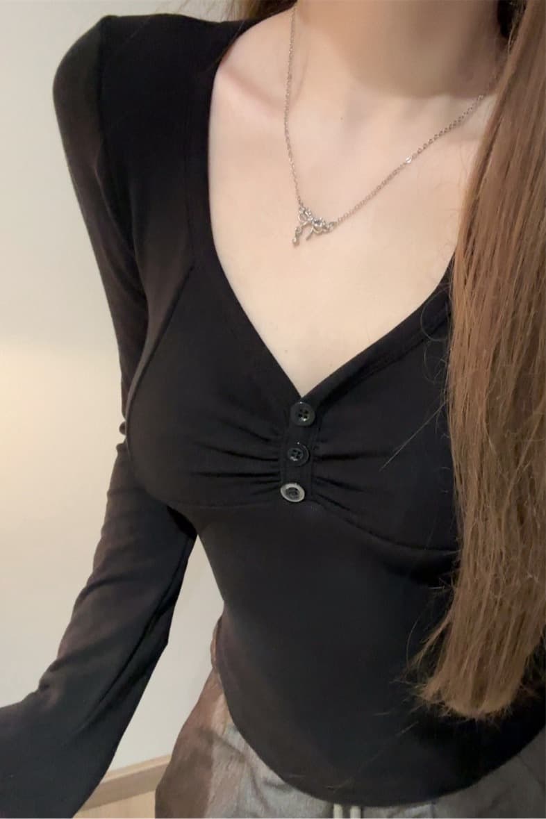 봄 새로운 나만의 것을 가져와 라. 가슴 패드 사람들 면 연삭 털 가슴 펌프 Pleat 복숭아 심장 고리 허리 수축 슬림해 보이는 티셔츠 여성 긴 소매 맨위 이미지 6