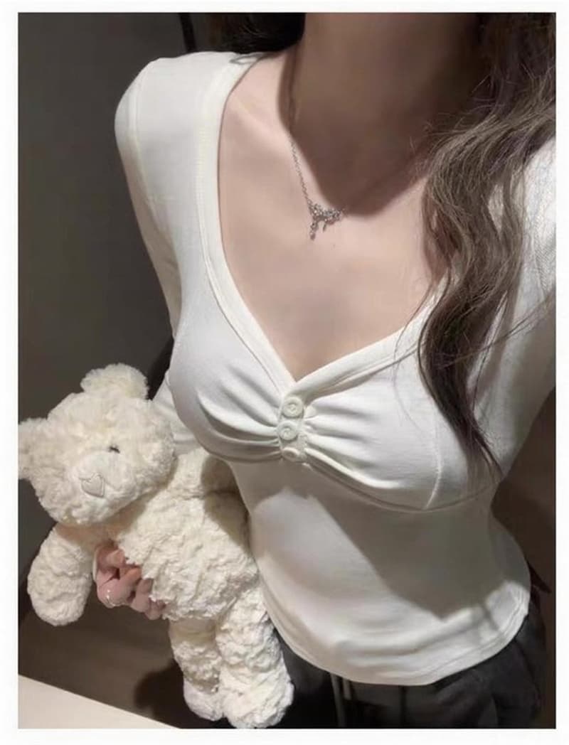 봄 새로운 나만의 것을 가져와 라. 가슴 패드 사람들 면 연삭 털 가슴 펌프 Pleat 복숭아 심장 고리 허리 수축 슬림해 보이는 티셔츠 여성 긴 소매 맨위 상세 이미지 21