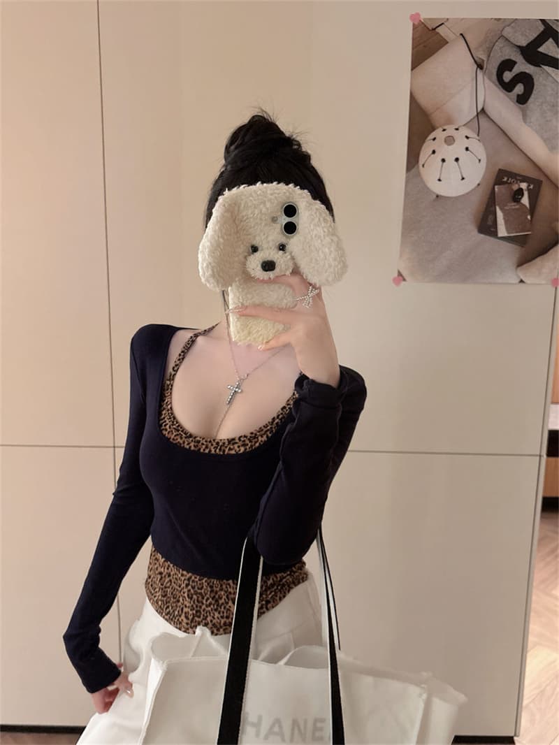 실사 이른 봄 새로운 패션 사람들 면 핫걸 다용도 긴팔 쇼트 스타일 티셔츠 얼음 실크 레오파드 무늬 슬립 투피스 세트 상세 이미지 17