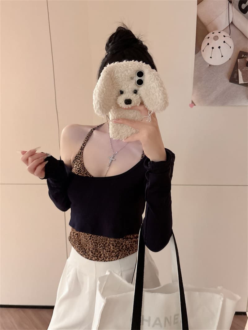 실사 이른 봄 새로운 패션 사람들 면 핫걸 다용도 긴팔 쇼트 스타일 티셔츠 얼음 실크 레오파드 무늬 슬립 투피스 세트 상세 이미지 18