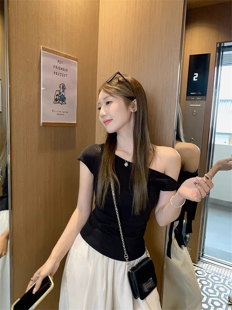 사람들 면 순수한 욕망 바람 나비 넥타이 비스듬한 어깨 단색 여성 의류 봄 레트로 Chic 몸매 가꾸기 쇼트 스타일 오프숄더 맨위 상세 이미지 5