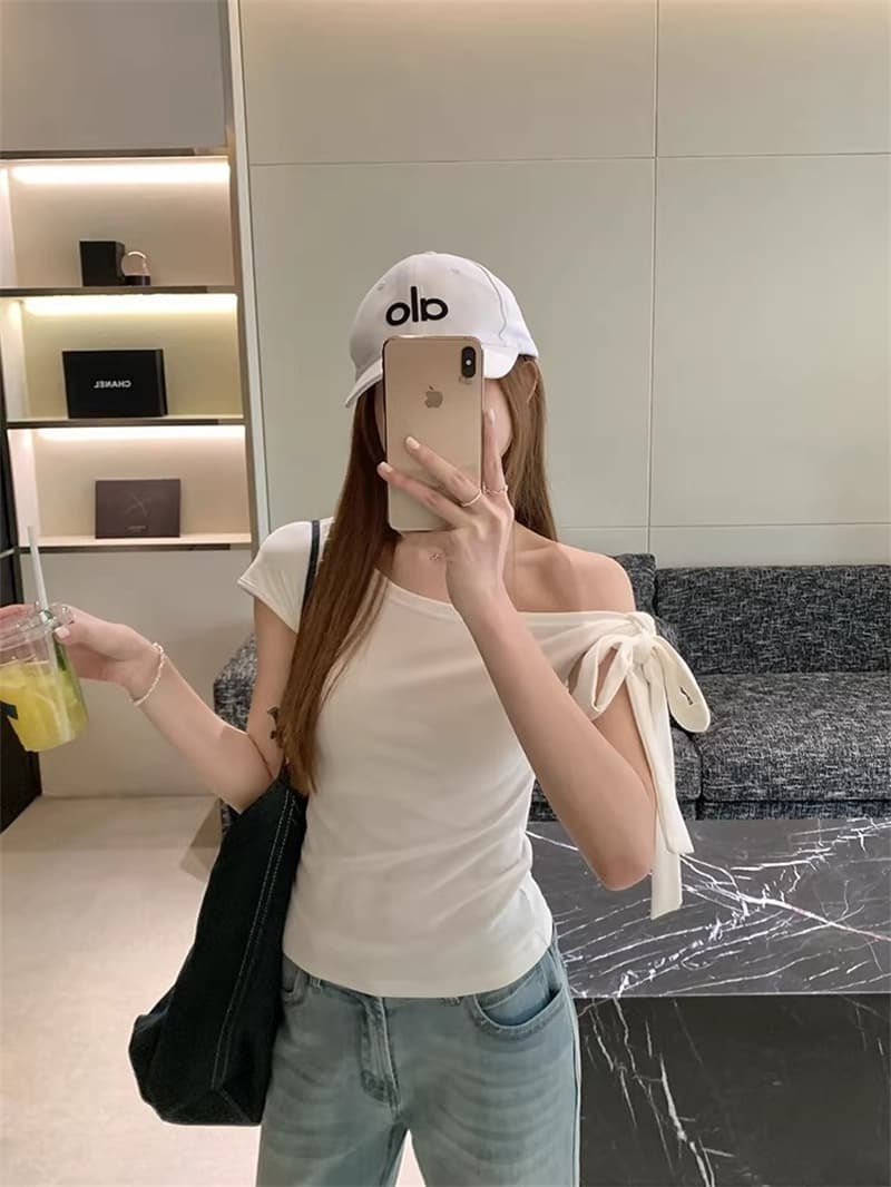 사람들 면 순수한 욕망 바람 나비 넥타이 비스듬한 어깨 단색 여성 의류 봄 레트로 Chic 몸매 가꾸기 쇼트 스타일 오프숄더 맨위 상세 이미지 15
