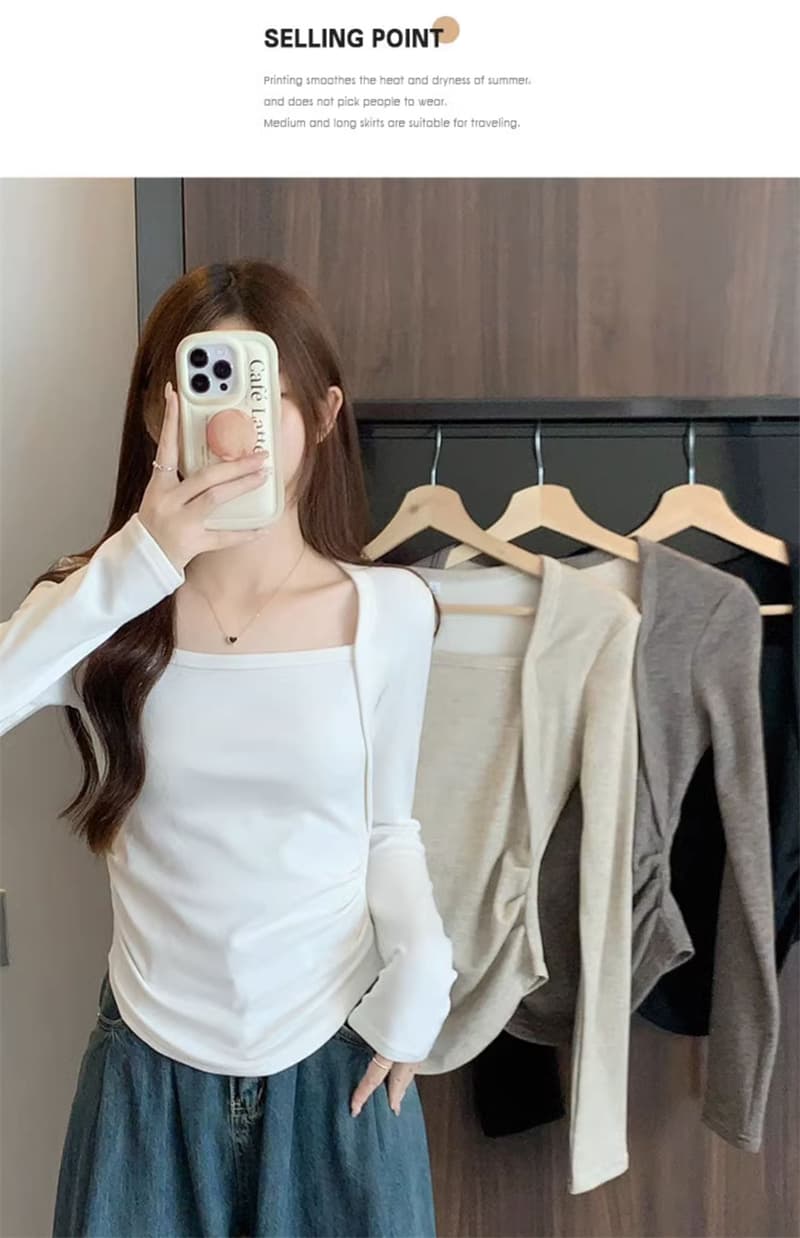 새로운 패션 요 플러시 광장 칼라 이슬 쇄골 주름 긴팔 페이크 레이어드 몸매 가꾸기 티셔츠 봄 연삭 털 맨위 여성 상세 이미지 23