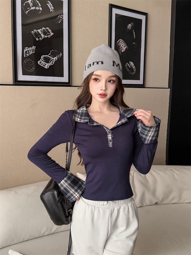 실사 감소되지 않음 학원 스타일 POLO 칼라 체크무늬 여성 셔츠 봄 페이크 레이어드 긴팔 벨트 가슴 패드 티셔츠 맨위 상세 이미지 23