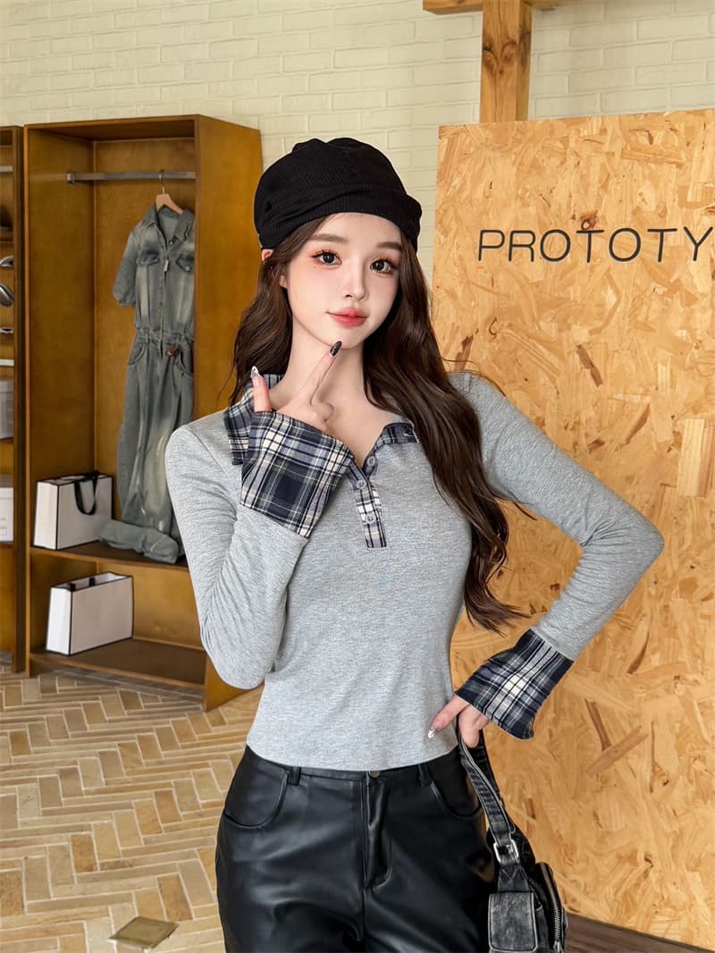 실사 감소되지 않음 학원 스타일 POLO 칼라 체크무늬 여성 셔츠 봄 페이크 레이어드 긴팔 벨트 가슴 패드 티셔츠 맨위 상세 이미지 24