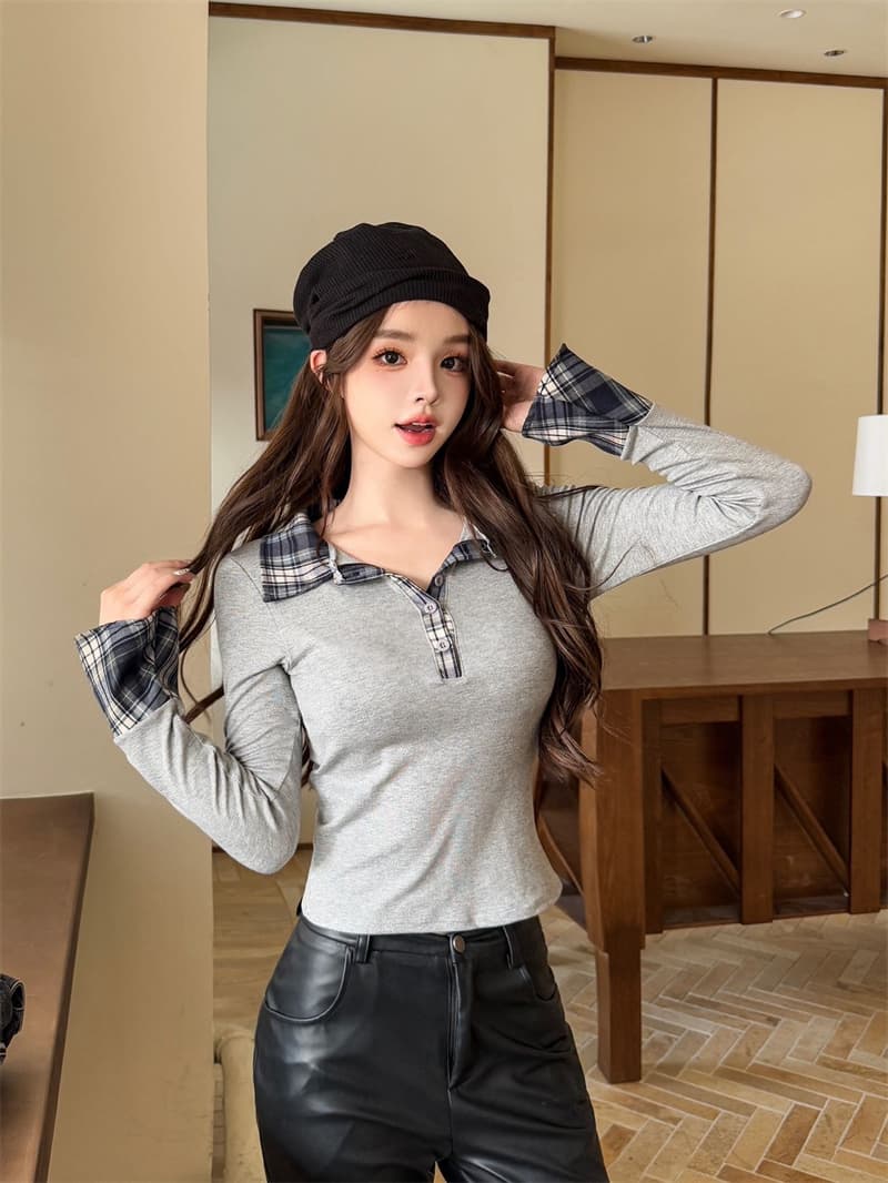 실사 감소되지 않음 학원 스타일 POLO 칼라 체크무늬 여성 셔츠 봄 페이크 레이어드 긴팔 벨트 가슴 패드 티셔츠 맨위 상세 이미지 25