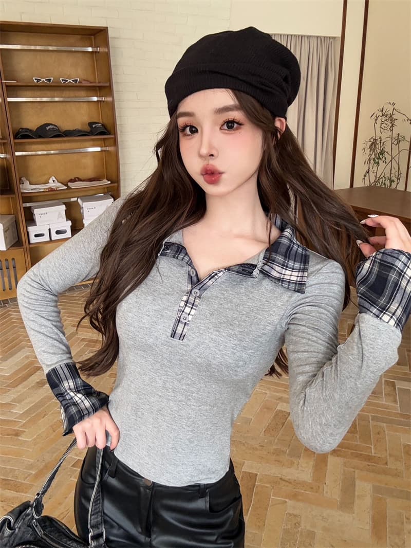 실사 감소되지 않음 학원 스타일 POLO 칼라 체크무늬 여성 셔츠 봄 페이크 레이어드 긴팔 벨트 가슴 패드 티셔츠 맨위 상세 이미지 27