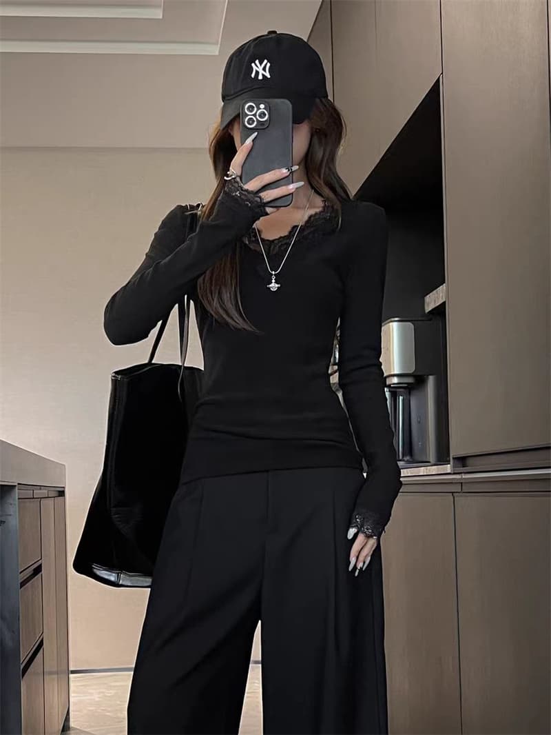 벨트 가슴 패드 뮤 S 양모 레이스 V넥 기본 셔츠 티셔츠 여성 봄 패션 몸매 가꾸기 허리 수축 슬림해 보이는 긴팔 맨위 이미지 3
