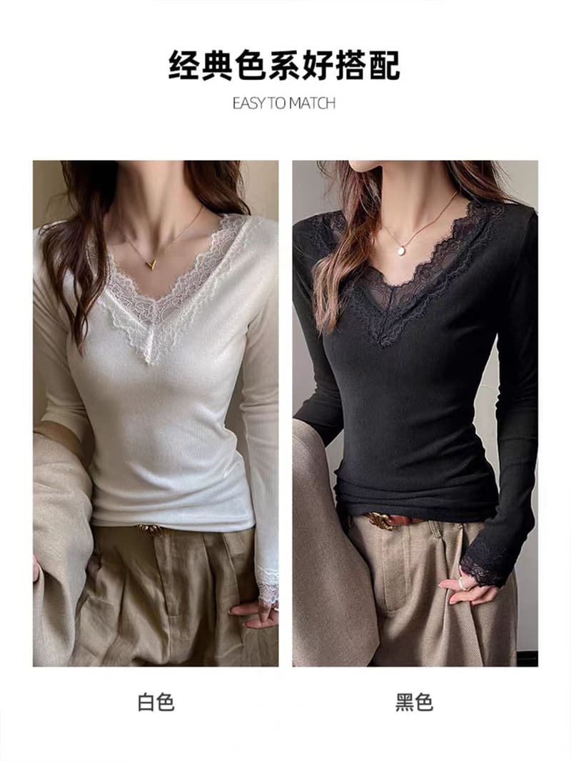 벨트 가슴 패드 뮤 S 양모 레이스 V넥 기본 셔츠 티셔츠 여성 봄 패션 몸매 가꾸기 허리 수축 슬림해 보이는 긴팔 맨위 상세 이미지 6