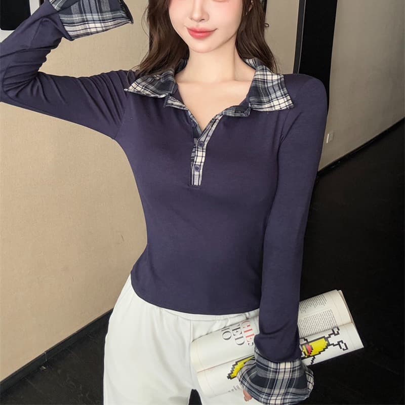 실사 감소되지 않음 학원 스타일 POLO 칼라 체크무늬 여성 셔츠 봄 페이크 레이어드 긴팔 벨트 가슴 패드 티셔츠 맨위 이미지 2