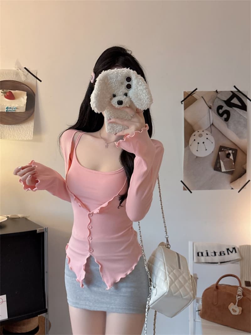 새로운 패션 달콤함 세트 프릴 사람들 면 긴팔 오픈 가디건 스택 착용 여자 칼라 조끼 고정 벨트 가슴 패드 상세 이미지 26