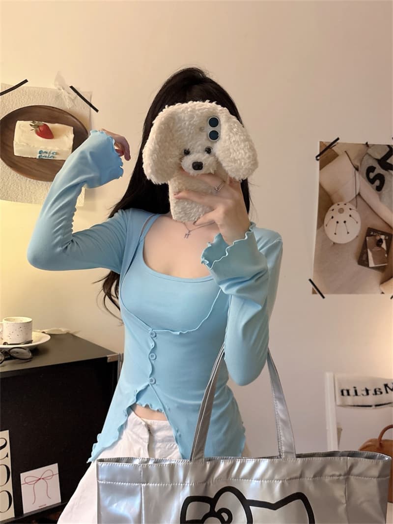 새로운 패션 달콤함 세트 프릴 사람들 면 긴팔 오픈 가디건 스택 착용 여자 칼라 조끼 고정 벨트 가슴 패드 상세 이미지 36