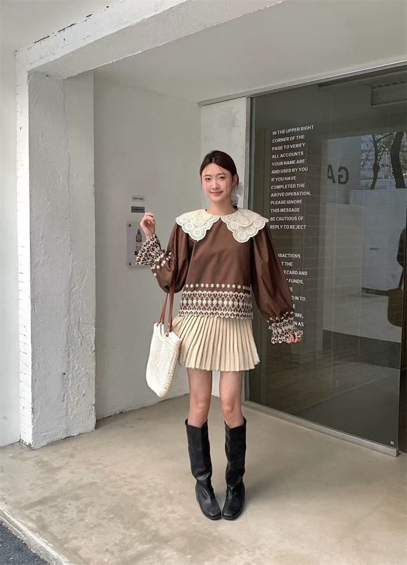 한국 동대문 봄 레트로 자수 레이스 궁정 품격 이중층 레이스 베이비 칼라 나팔 소매 셔츠 여성 상세 이미지 6