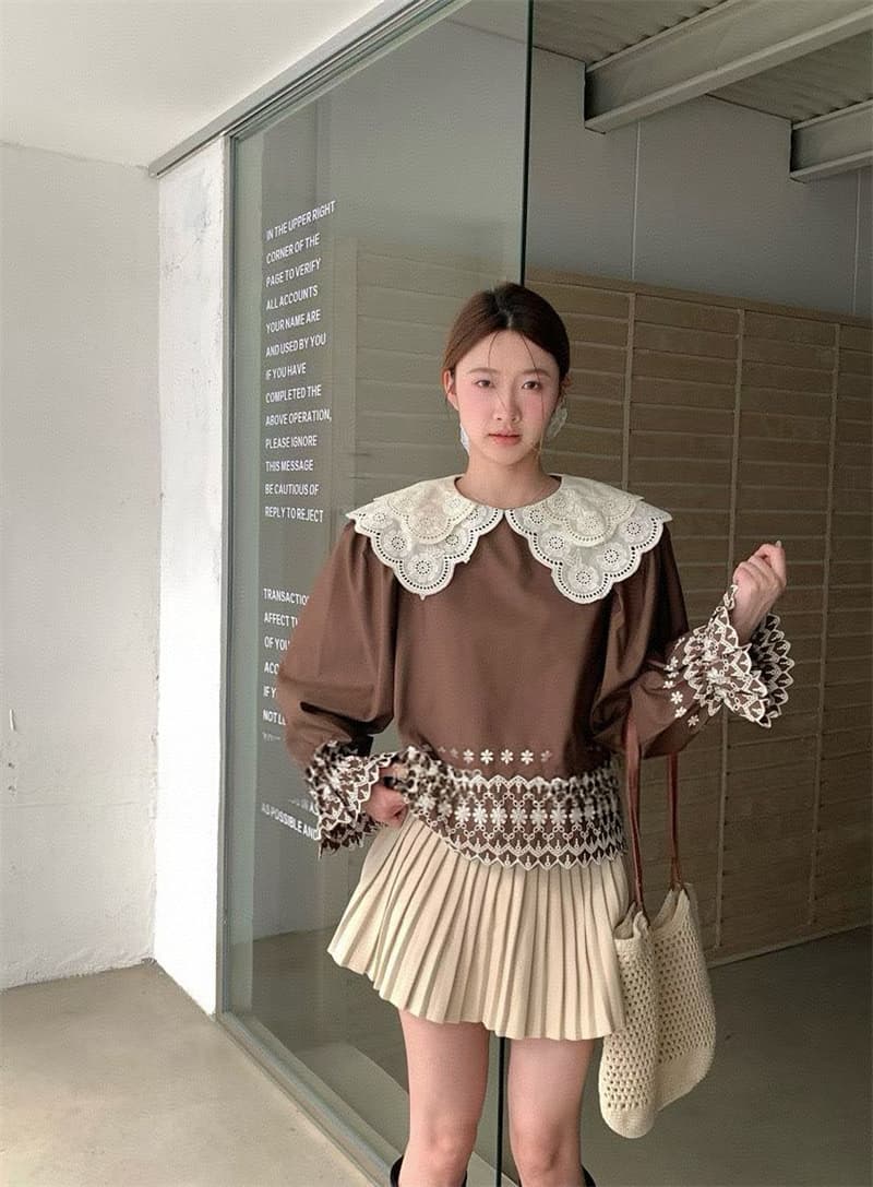 한국 동대문 봄 레트로 자수 레이스 궁정 품격 이중층 레이스 베이비 칼라 나팔 소매 셔츠 여성 상세 이미지 8