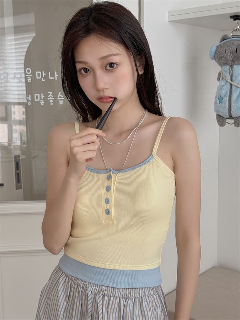 실사 한 부서 도파민 착용 가져 가라. 우유 황색 페이크 레이어드 벨트 가슴 패드 캐미솔 여름 외출용 백리스 맨위 상세 이미지 16