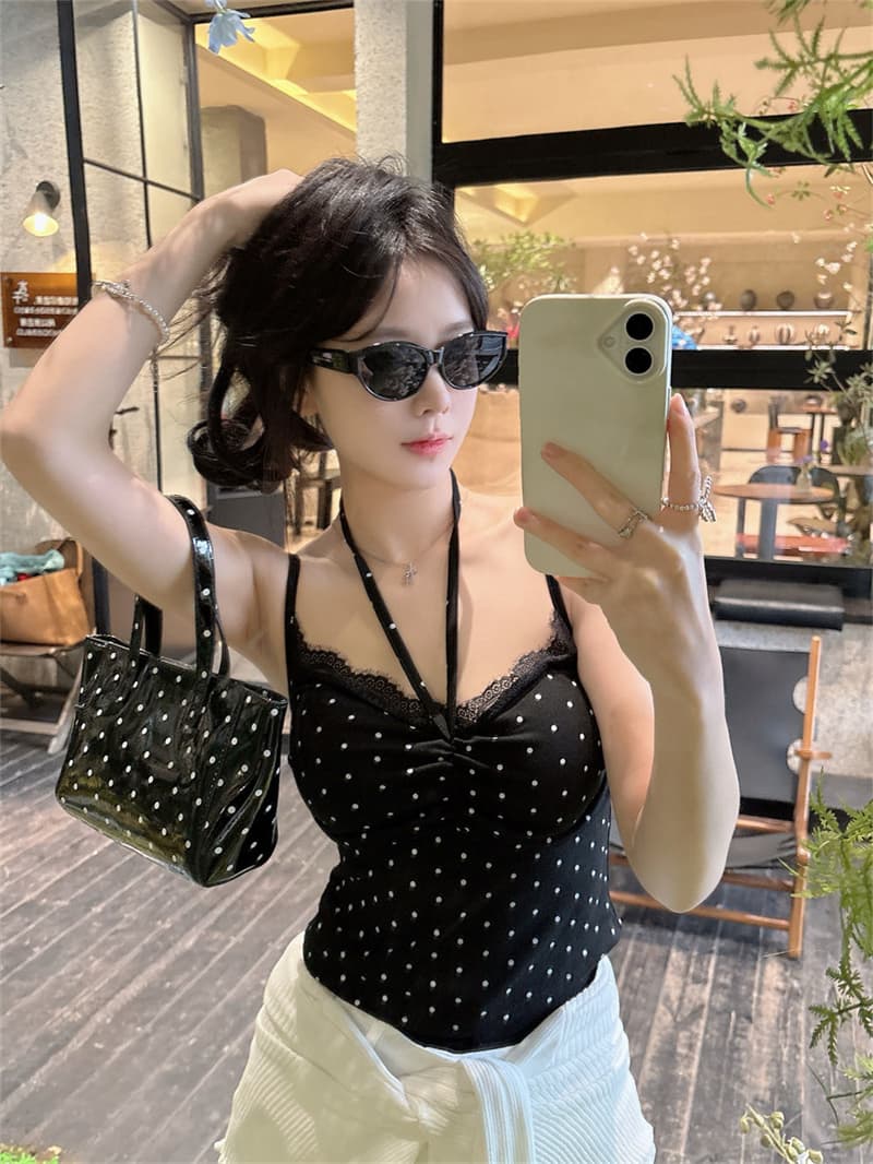 벨트 가슴 패드 순수한 욕망 섹시함 도트 레이스 V넥 캐미솔 여름 패션 외출용 몸매 가꾸기 슬림해 보이는 조끼 상세 이미지 36