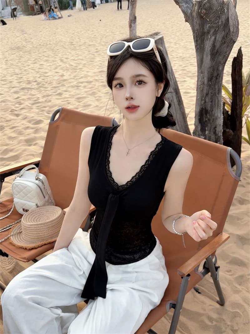인사이드 가져 가라. 레이스업 레이스 V넥 작은 슬링 조끼 벨트 가슴 패드 여름 패션 다용도 외출용 아름다움 뒤로 민소매 맨위 상세 이미지 31