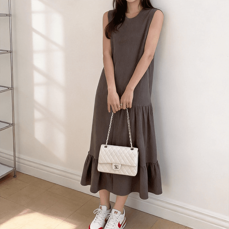 실사 한 부서 캐주얼 민소매 플리츠 여성 드레스 라운드 넥 여름 품격 디자인 센스 작은 대중 조끼 길다 치마 상세 이미지 1