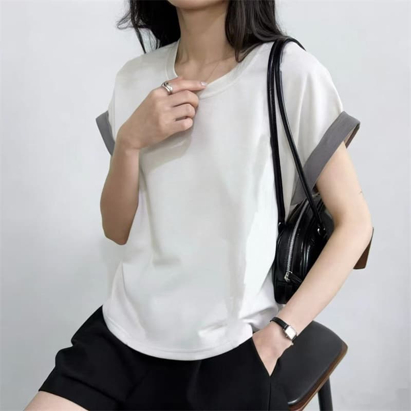 2026 년 여름 새로운 미니멀리즘 패션 다용도 뒤집다 소매 디자인 패치워크 색상 라운드 넥 반팔 루즈핏 캐주얼 티셔츠 여성