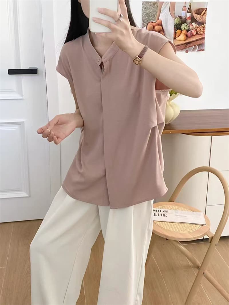 실사 새로운 패션 개성 디자인 캐주얼 다용도 스탠드 칼라 민소매 셔츠 품격 슬림해 보이는 출퇴근 바람 여자 셔츠 상세 이미지 4