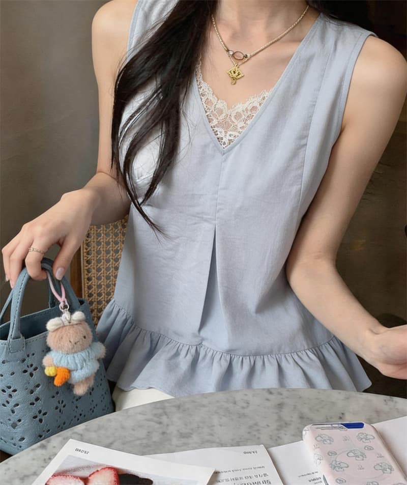 실사 새로운 봄 여름 패션 다용도 여성 V넥 작은 청신 연꽃 잎 패치워크 민소매 다용도 조끼 셔츠 맨위 상세 이미지 4