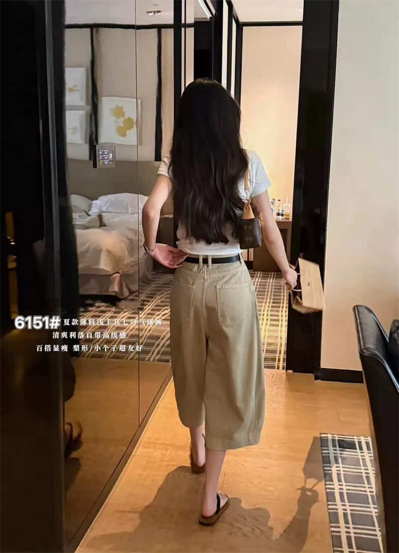 실사 2026 여름 새로운 품격 얇은 재료 바지 하이웨이스트 슬림해 보이는 스트레이트 루즈핏 7 점 풍선 바지 여성용 바지 상세 이미지 2