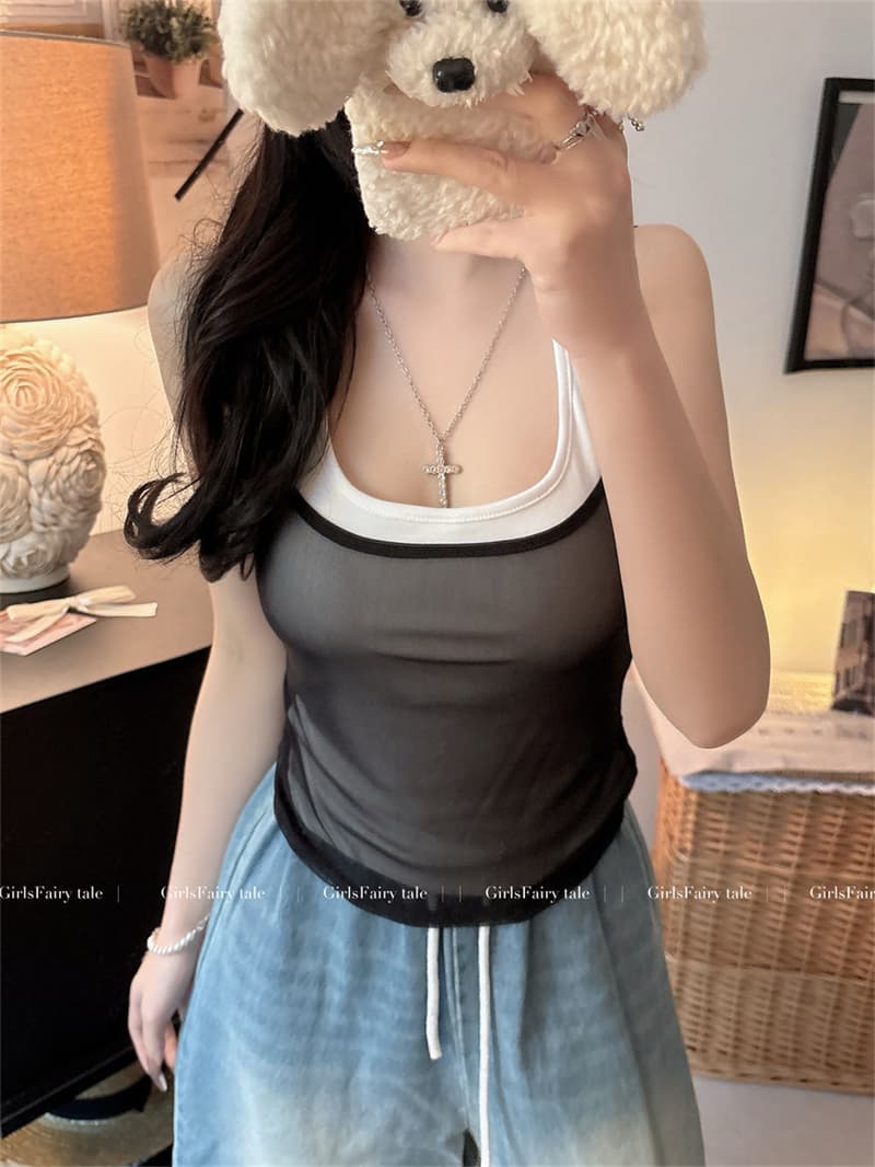 비 실사 감소되지 않음 새로운 아름다움 뒤로 핫걸 망사 조끼 배색 행침 목 슬립 투피스 세트 디자인 센스 맨위 상세 이미지 22