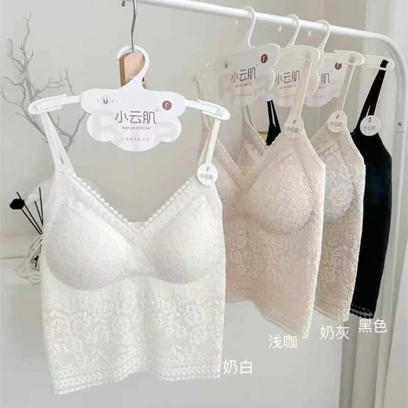 비 실사 감소되지 않음 프랑스식 빛 럭셔리 레이스 캐미솔 아름다움 멜빵 가슴 패드 V넥 속옷 순수한 욕망 다용도 인사이드 가져 가라. 이미지 5