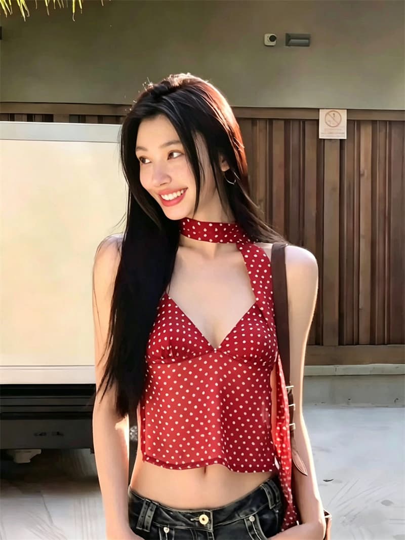 새로운 한 부서 패션 도트 무늬 깊은 v 행침 목 민소매 조끼 티셔츠 여성 여름 허리 수축 슬림해 보이는 외부 가져 가라. 마이크로 ~을 통해 의류 상세 이미지 27