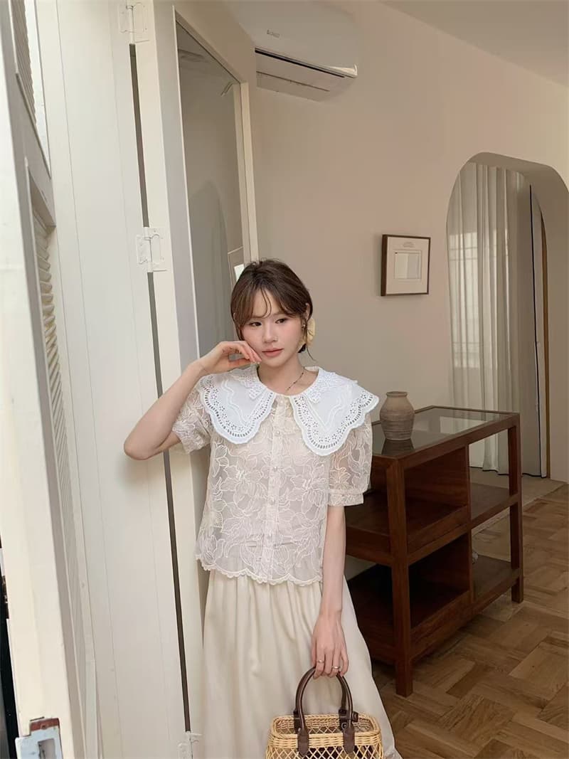 실사 베이비 칼라 레이스 여성 셔츠 빛 럭셔리 고급 센스 2026 새로운 여름 기본 셔츠 달콤함 품격 맨위 상세 이미지 8