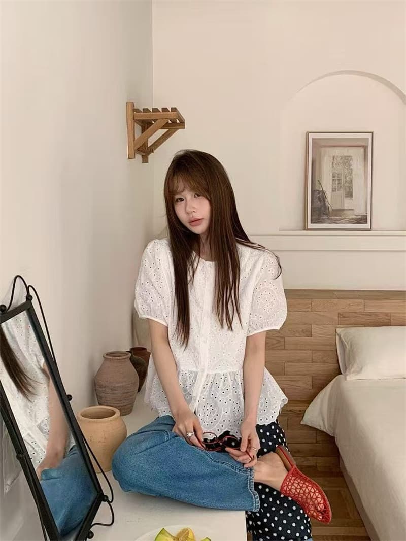 실사 여름 새로운 한 긴팔 꽃 레이스 조각 자수 패션 레이스 셔츠 셔츠 포함 투피스 조끼 상세 이미지 2