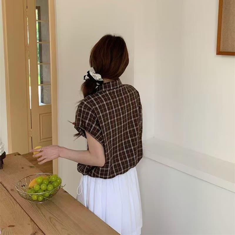 실사 패치워크 레트로 체크무늬 여성 셔츠 2026 여름 패션 작은 대중 디자인 센스 홀로우 아웃 통기성 티셔츠 맨위 이미지 5