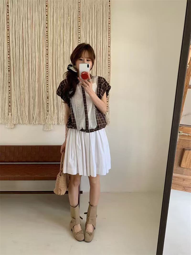 실사 패치워크 레트로 체크무늬 여성 셔츠 2026 여름 패션 작은 대중 디자인 센스 홀로우 아웃 통기성 티셔츠 맨위 상세 이미지 17