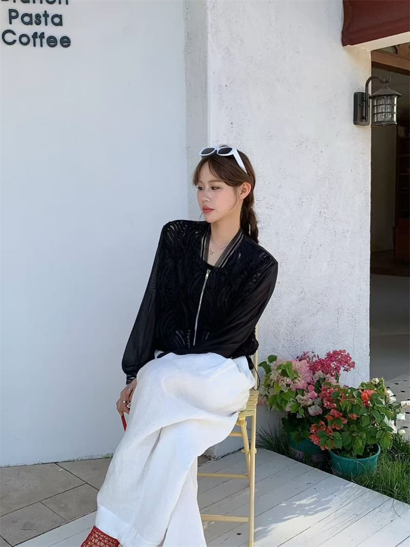 실사 여름 새로운 프랑스식 레이스 셔츠 홀로우 아웃 자외선 차단 복 패션 디자인 센스 얇은 스타일 외출용 긴팔 맨위 상세 이미지 11