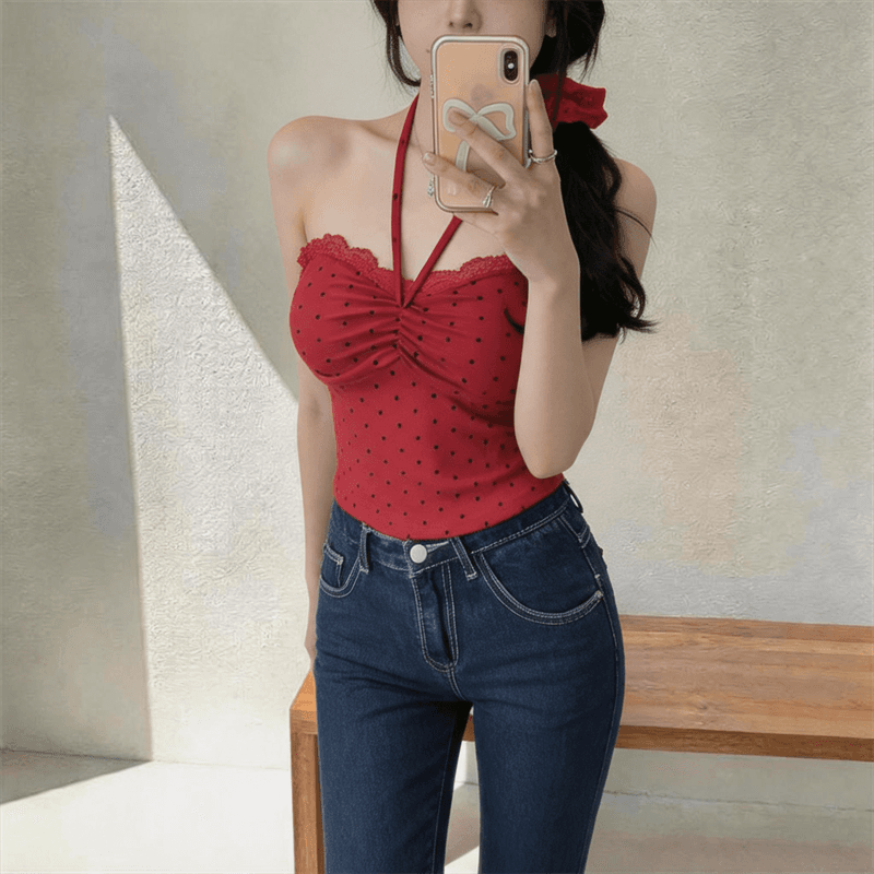 벨트 가슴 패드 순수한 욕망 섹시함 도트 레이스 V넥 캐미솔 여름 패션 외출용 몸매 가꾸기 슬림해 보이는 조끼 상세 이미지 3
