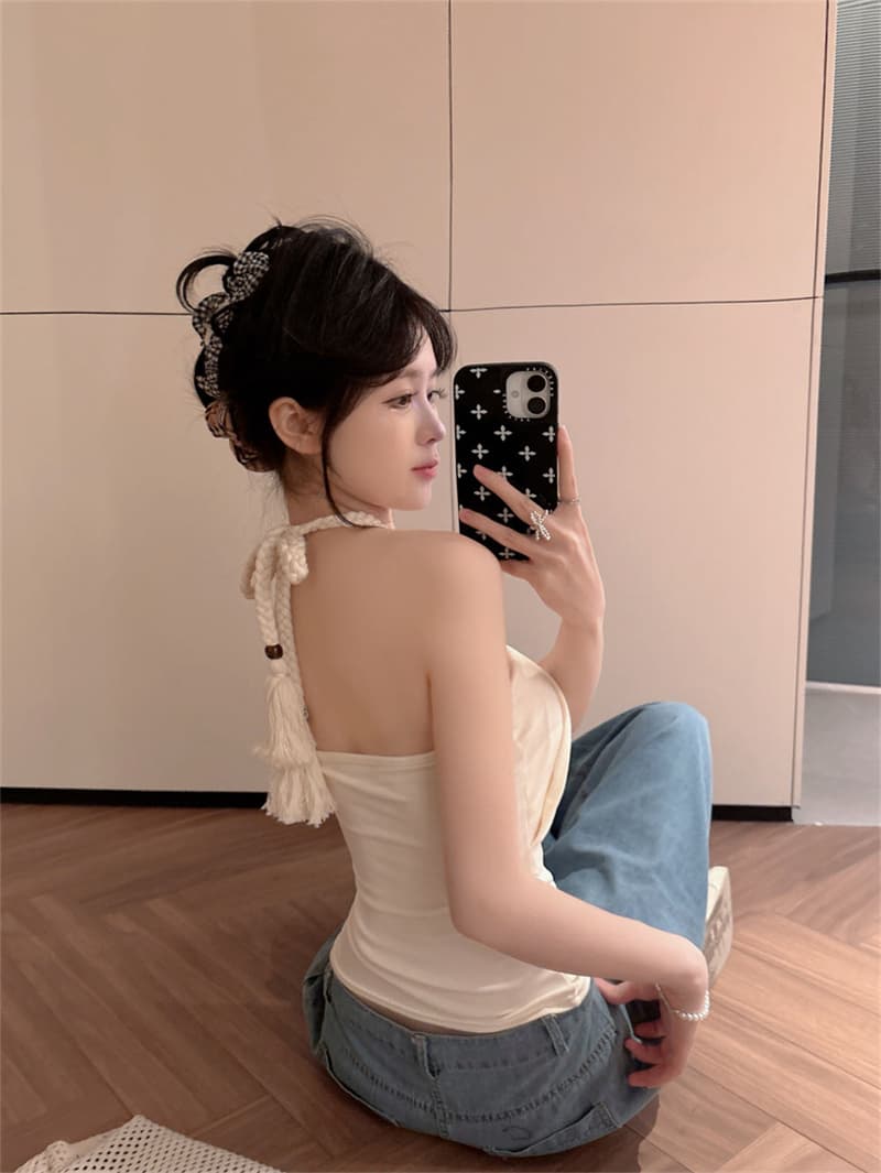 핫걸 섹시함 비즈 스트랩 대마 로프 행침 목 캐미솔 백리스 몸매 가꾸기 휴가 튜브탑 켜기 벨트 가슴 패드 트렌디 상세 이미지 18