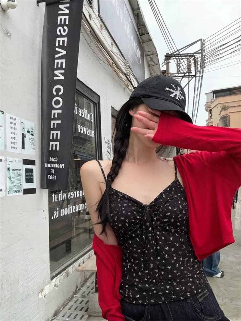 벨트 가슴 패드 꽃무늬 V넥 핫걸 나비 매듭 캐미솔 여름 민소매 외출용 몸매 가꾸기 쇼트 스타일 작은 맨위 상세 이미지 42