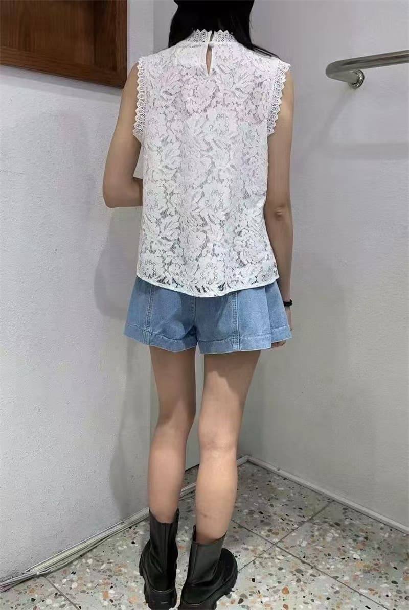 실사 2026 여름 새로운 레이스 조각 다용도 쉬폰 블라우스 패션 루즈핏 슬림해 보이는 민소매 조끼 맨위 이미지 4