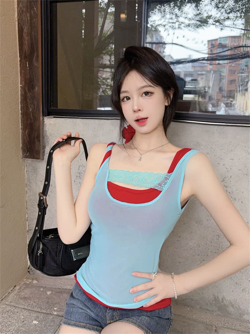 섹시함 레이스 망사 패치워크 페이크 레이어드 캐미솔 여름 벨트 가슴 패드 몸매 가꾸기 인사이드 가져 가라. 디자인 센스 맨위 상세 이미지 18