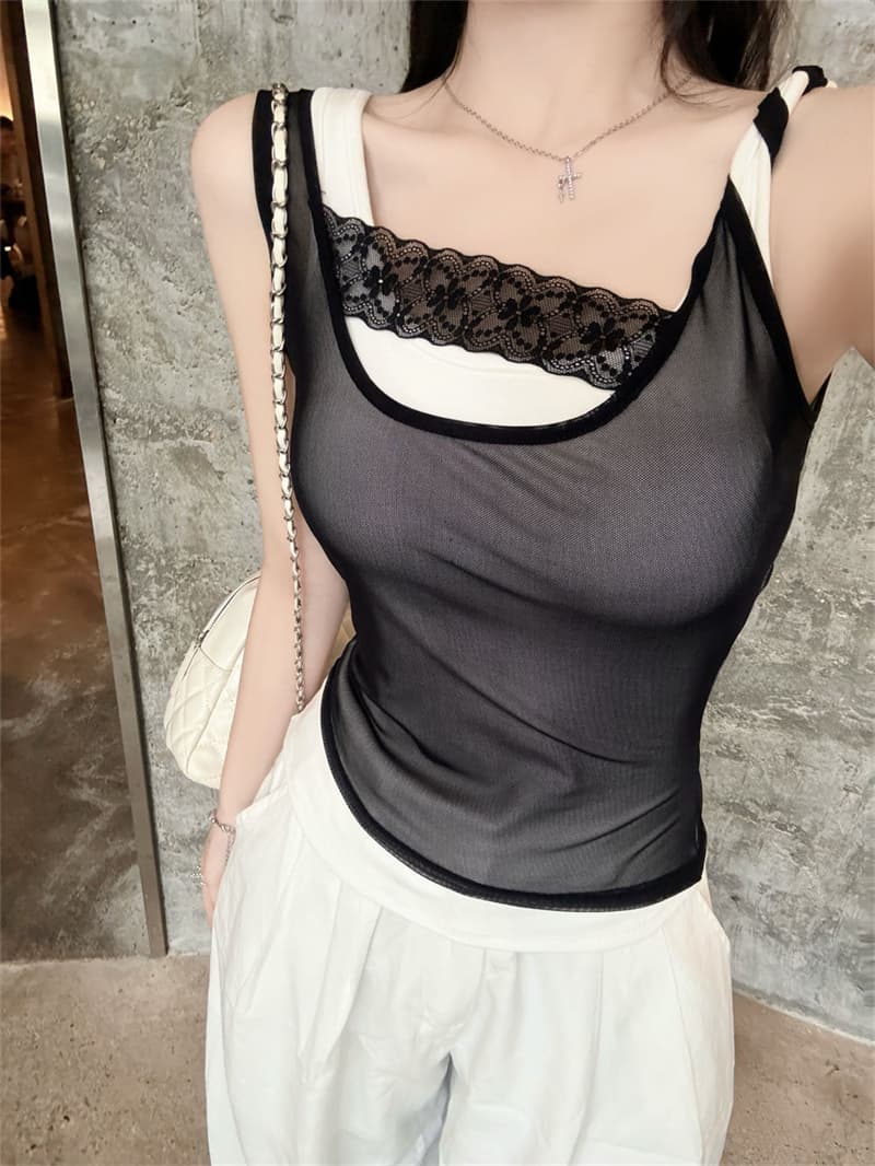 섹시함 레이스 망사 패치워크 페이크 레이어드 캐미솔 여름 벨트 가슴 패드 몸매 가꾸기 인사이드 가져 가라. 디자인 센스 맨위 상세 이미지 30