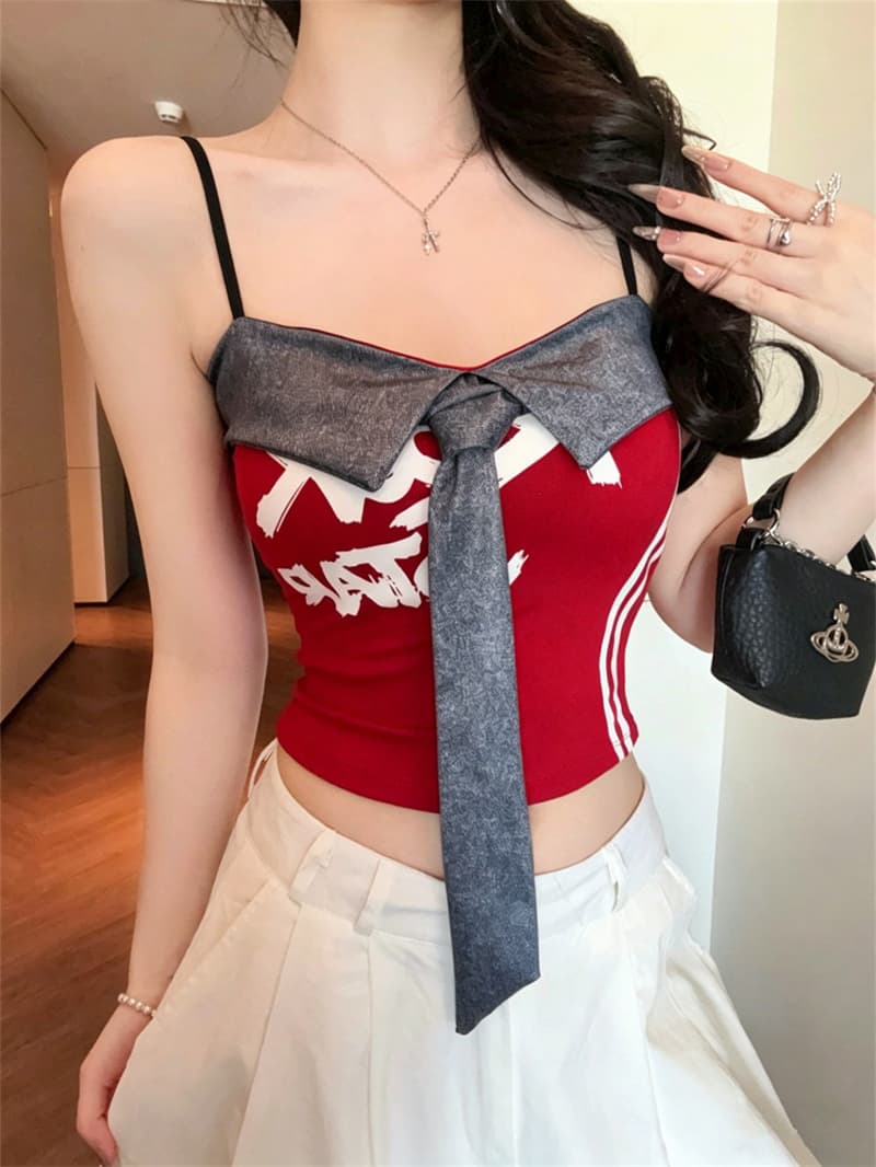 데님 패치워크 캐미솔 여름 외출용 벨트 가슴 패드 디자인 센스 배색 알파벳 프린트 슬립 맨위 여성 상세 이미지 18