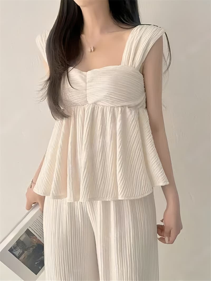 실사 2026 여름 새로운 조끼 프릴 광장 칼라 디스플레이 가슴 조끼 하이웨이스트 루즈핏 스트레이트 팬츠 투피스 세트 상세 이미지 7
